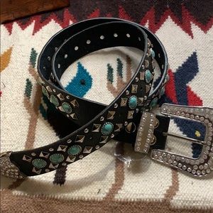 Turquoise and silver studded leather belt